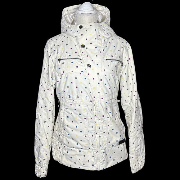 Burton Jacket Womens Med White Square Polka Dots Hooded Snowboard Insulated Ski - Picture 1 of 14